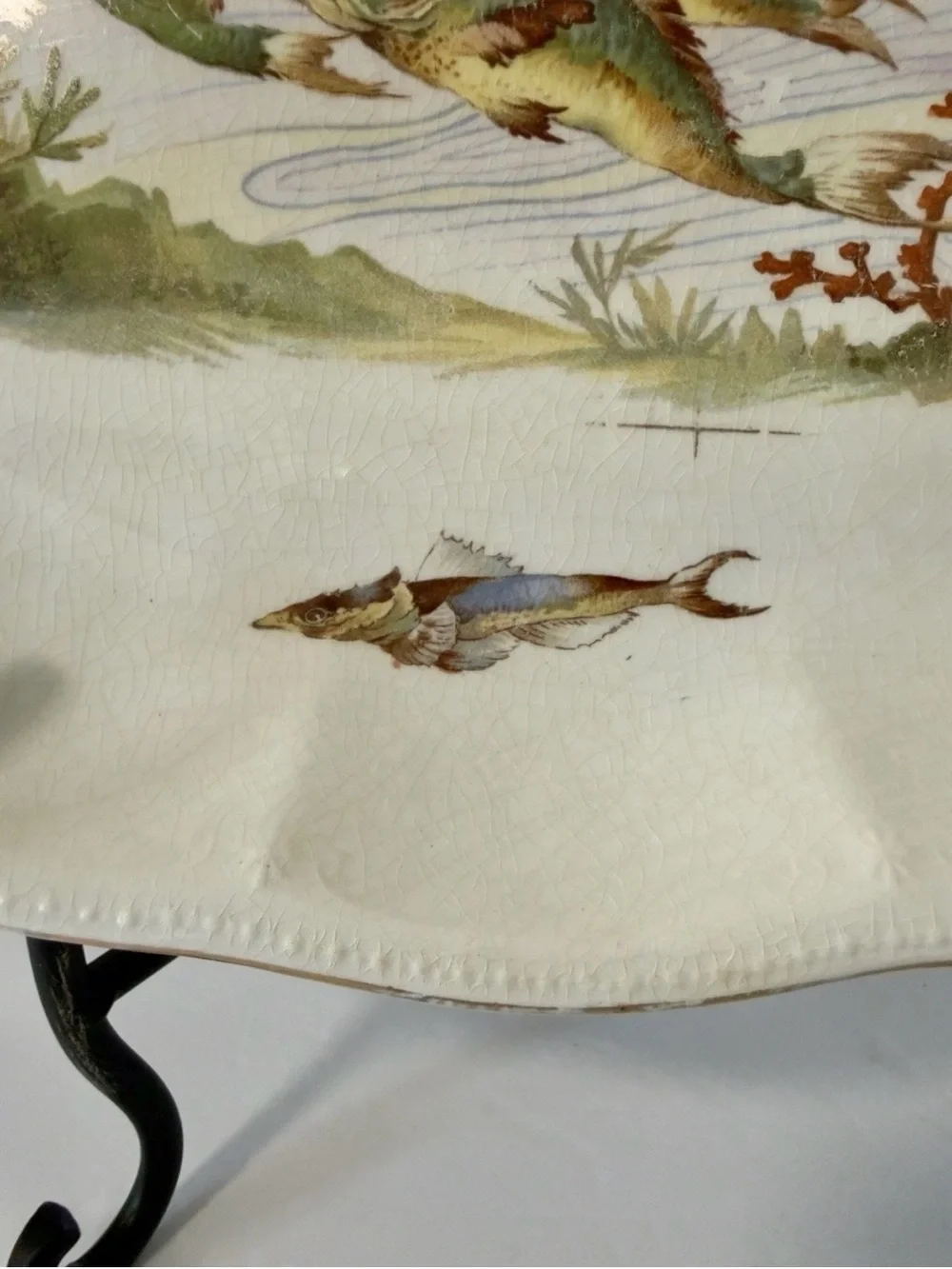 Antique Porcelain Fish Serving Platter Scalloped Gilt Transferware